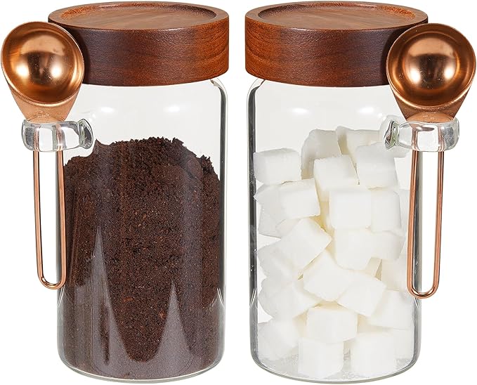 18oz Glass Coffee Jars with Scoop Wood Screw Lid Clear Round Spice Jar Herb by Patoper
