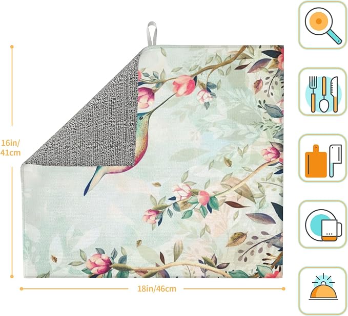 Hummingbird Flowers Dish Drying Mat 16x18 Inch, Microfiber Absorbent Fast Dry - Image 2