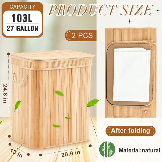 2 Pack 27 Gallon Bamboo Slim Trash Can - Image 2