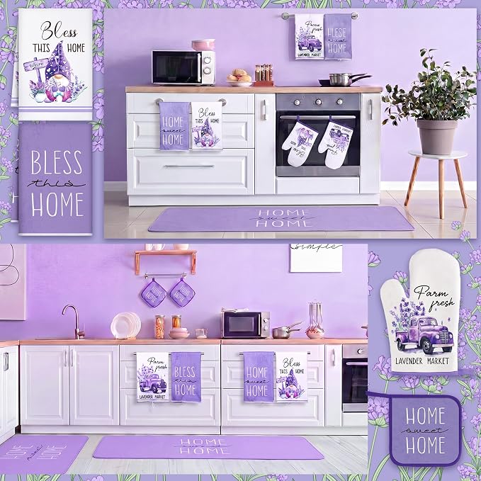Fourluoo 10 Pcs Lavender Kitchen Decor Set Lavender Kitchen Towels Rugs Oven - Image 4