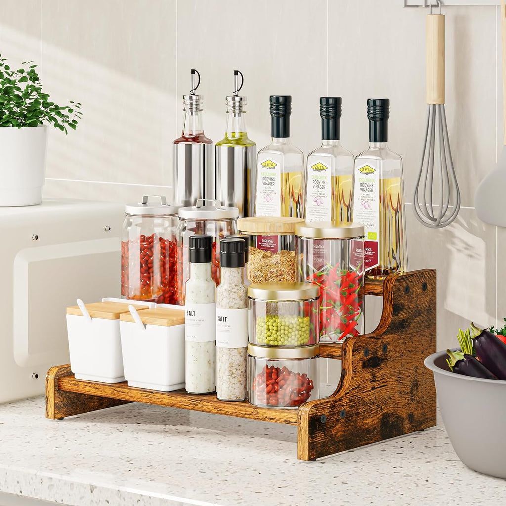KLM 3-Tier Spice Rack, 13.8 Inch Wood Step Shelf Countertop Spice
