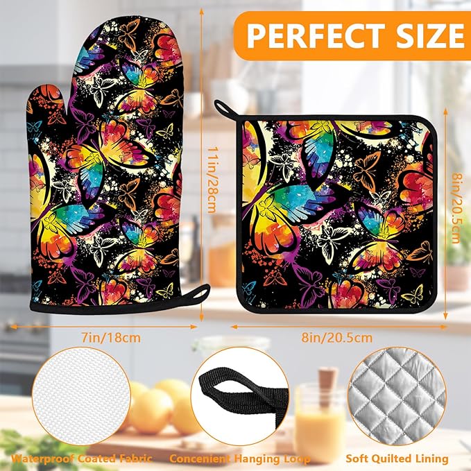 Colorful Butterfly Oven Mitts and Pot Holders Sets 4Pcs, Extra Long Oven Gloves - Image 2