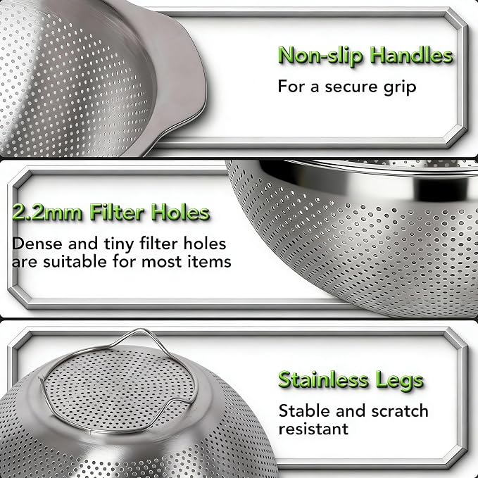 304 Stainless Steel Colander, 2.5 QT Capacity and 2.5 QT Mixing Bowl, Micropore - Image 6