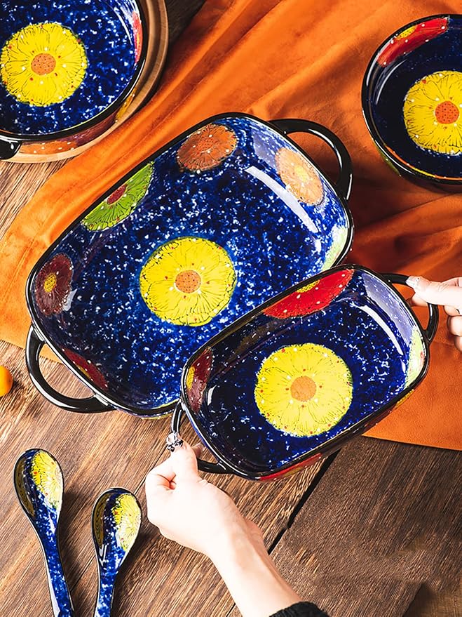 Vintage Style Pottery Bakeware Colorful Daisy Pattern Ceramic Casserole Dish - Image 5