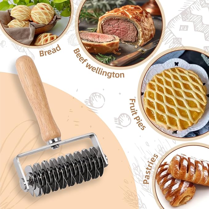 Pastry Lattice Roller Cutter, Stainless Steel Lattice Dough Cutter Wood Handle - Image 3