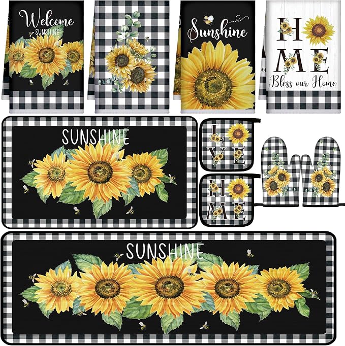 Fourluoo 10 Pcs Sunflower Kitchen Decor 4 White and Black Buffalo Plaid Kitchen by Fourluoo