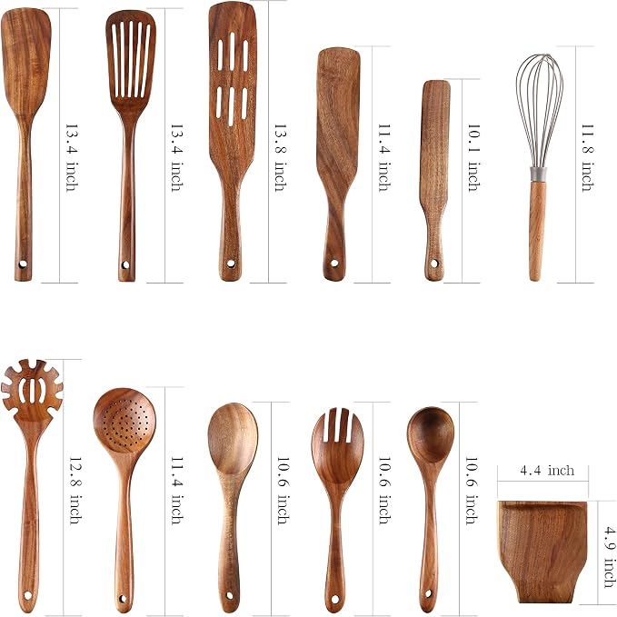 Kitchen Utensils Set, NAYAHOSE 12 Pcs Teak Wooden Cooking Spoons Spatula - Image 2