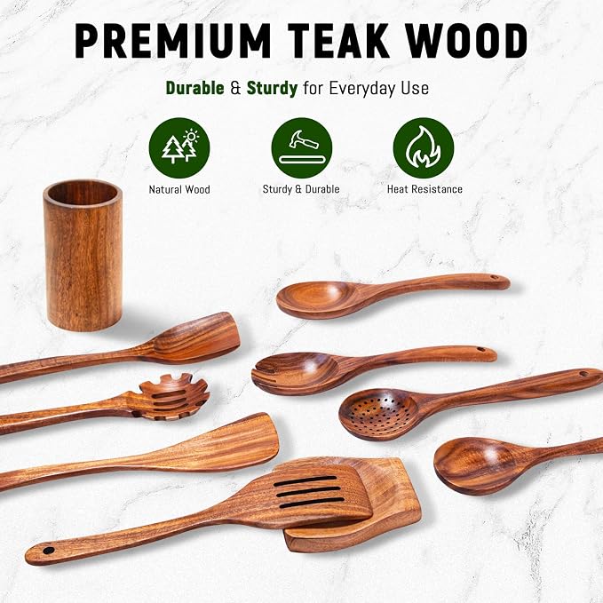 Wooden Spoons for Cooking, Natural Teak Wooden Utensils Set, 10 Piece Handmade - Image 5