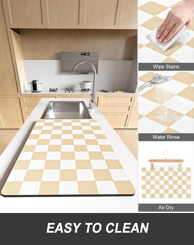 Rnivvi Dish Drying Mat for Kitchen Counter, 12 x 19" Cute Checkered Absorbent - Image 6