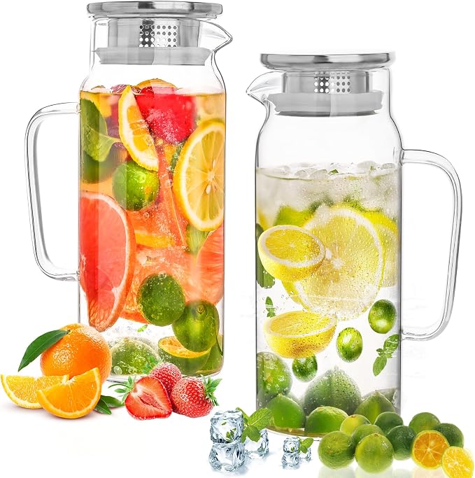 Set of 2 Glass Pitcher with Lid, 2 Quart Leak Proof, Glass Water Jugs, by Liuruiyu
