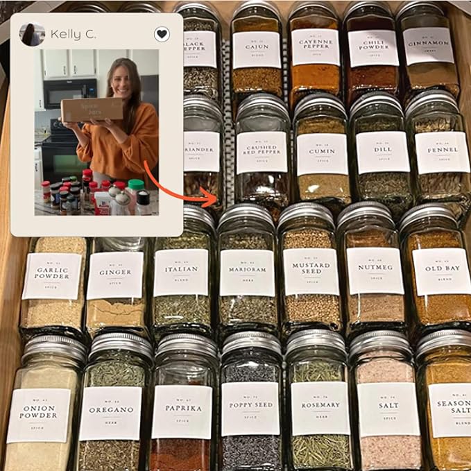 Glass Spice Jars with Labels with Metal Lids and Shakers Minimalist 36 Pack Set - Image 7