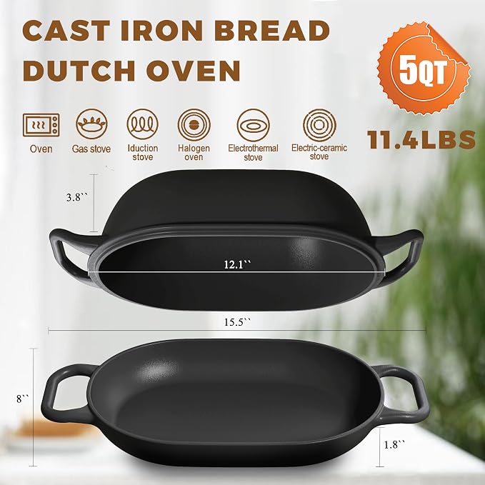 Oval Dutch Oven for Bread Baking 12 x 8 Inch, Pre-Seasoned Cast Iron Bread Oven - Image 3