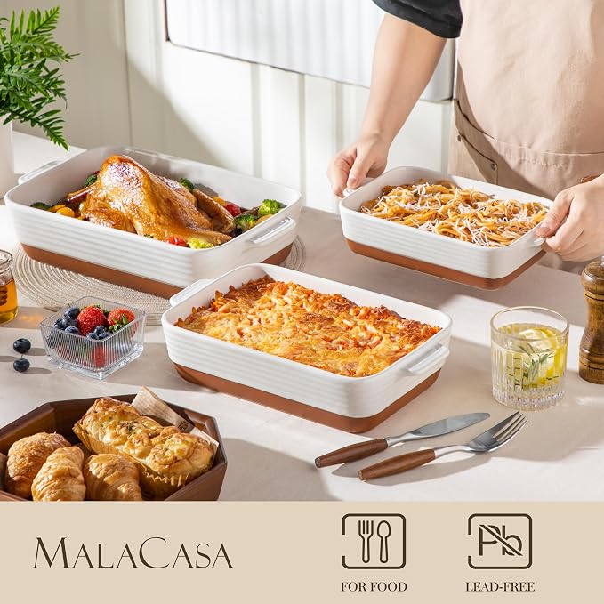 MALACASA Casserole Dishes for Oven, Ceramic Baking Dishes Set of 3, Baking Pan - Image 3
