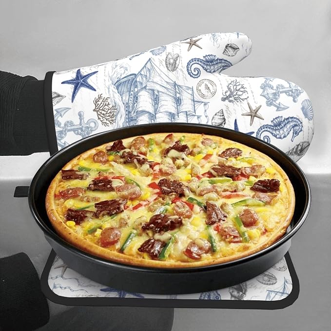 Navy Blue Oven Mitts and Pot Holders Sets Summer Beach Starfish Seashell Oven - Image 7