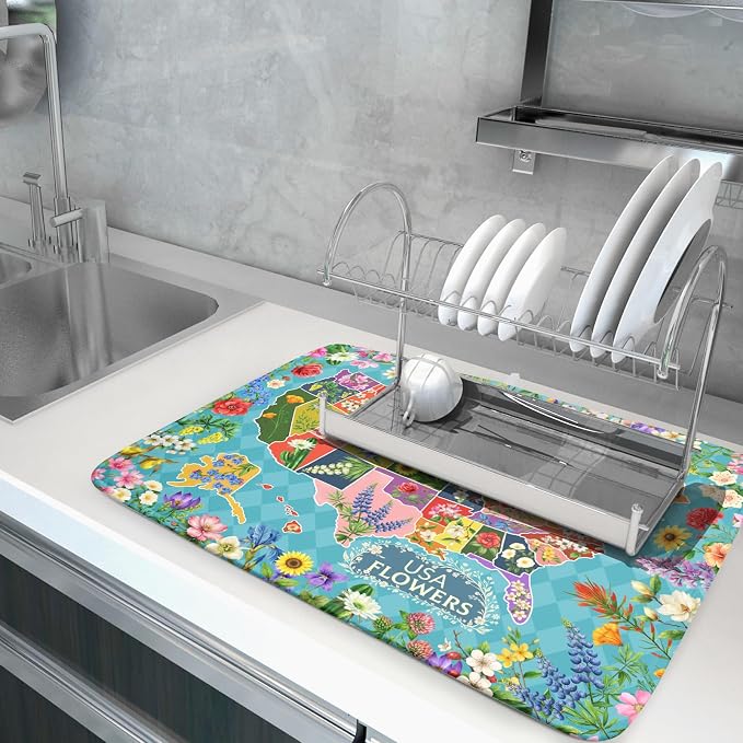 Flower Map Dish Drying Mat Colorful Floral Microfiber Large Dish Drying Pad - Image 5