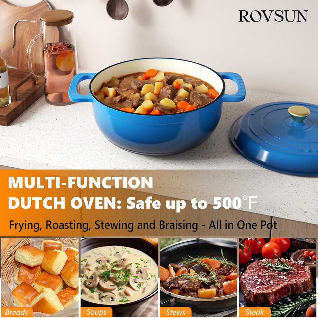 ROVSUN Enameled Cast Iron Round Dutch Oven, 6QT, Blue
