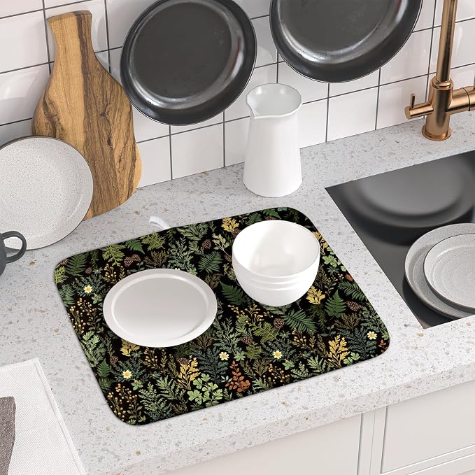 Black Green Botanical Dish Drying Mat - Image 6