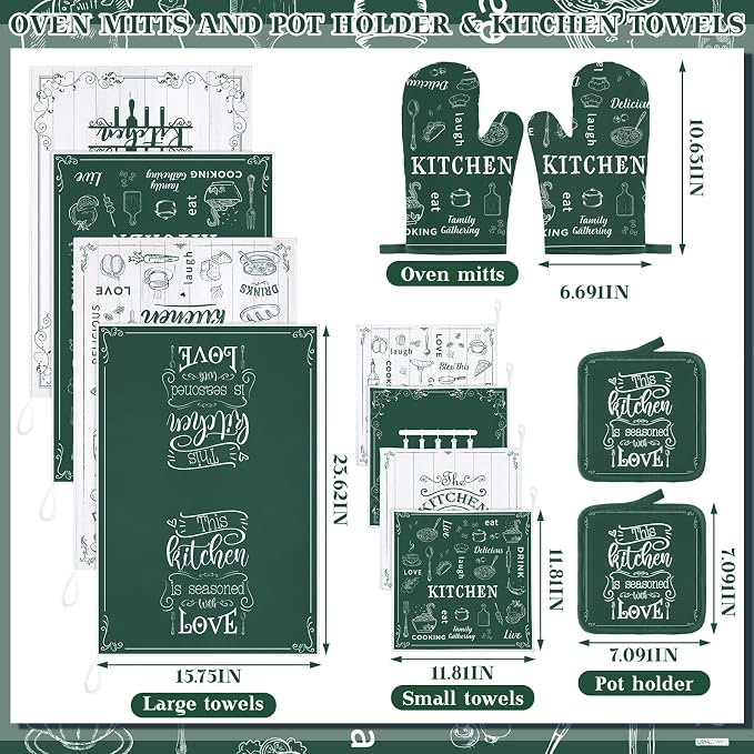 12 Pcs Farmhouse Kitchen Decor and Accessories Sets 4 Green Kitchen Towels 4 - Image 3