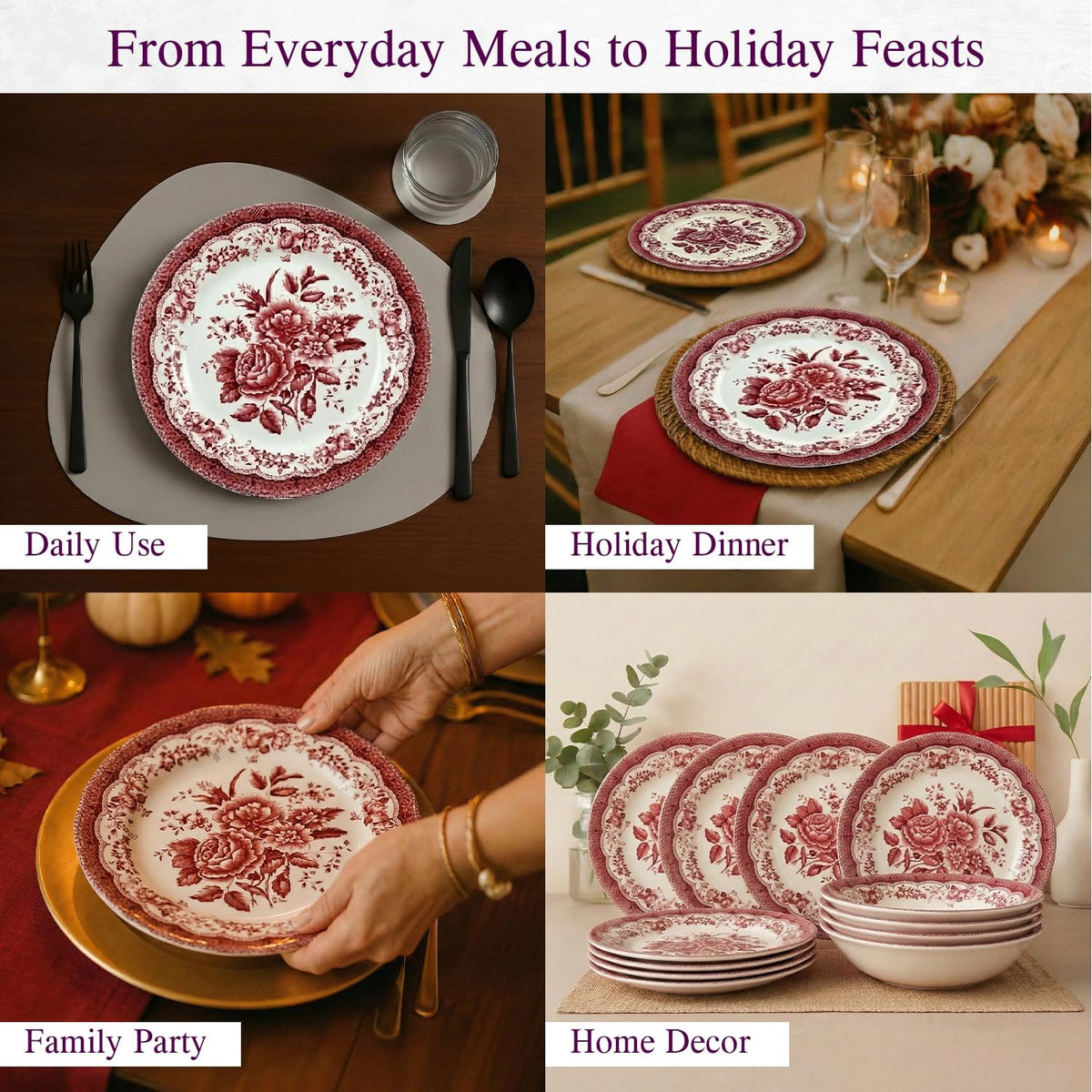 12-Piece Porcelain Dinnerware Set for 4, Victoria Red