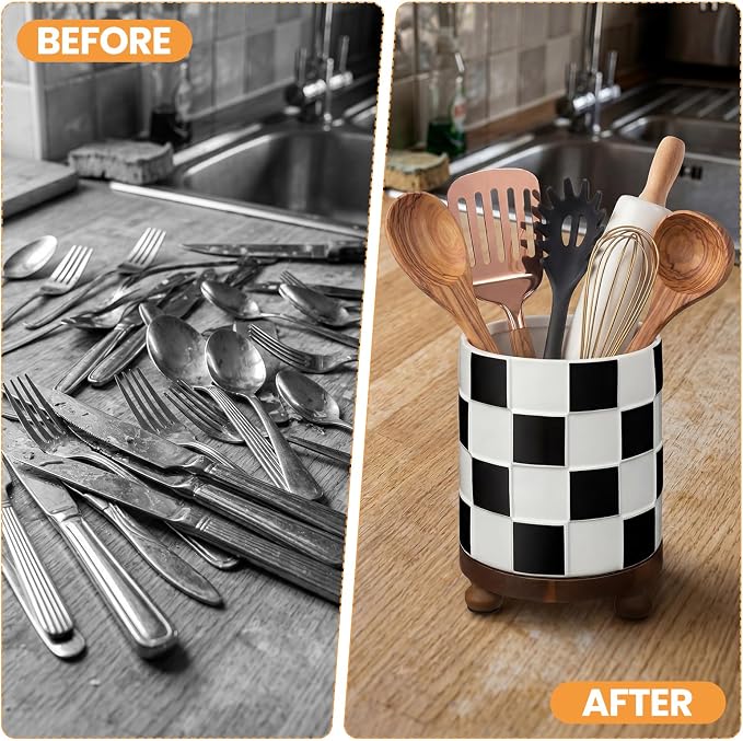 Kitchen Utensil Countertop Holder Checkered Utensil Crock - Image 3