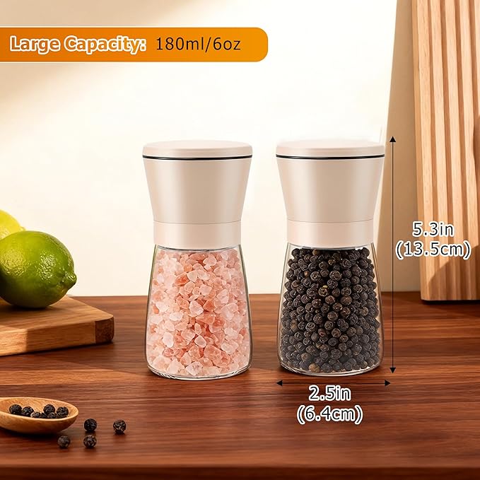 R DRURLCD 2PK Beige Salt and Pepper Grinder Set, Short Glass Shakers - Image 2