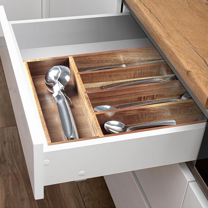 KITEISCAT Acacia Wood Silverware Organizer, Kitchen Utensil Drawer Organizer - Image 6
