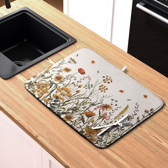 Fall Floral Dish Drying Mat for Kitchen Counter Autumn Burnt Orange Wild - Image 6