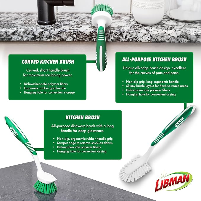 Libman Green & White Cleaning Brush Kit, 3-Piece Set, All-Purpose Brushes - Image 5
