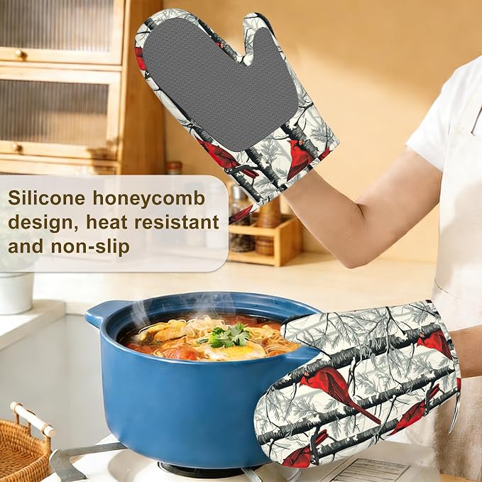 Red Cardinal Birds Oven Mitts and Pot Holders Set of 4, Kitchen Glove Heat - Image 4