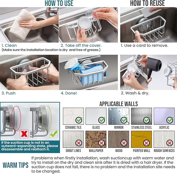 TAILI Sink Caddy with Strong Suction Cup, Sponge Holder - Image 7