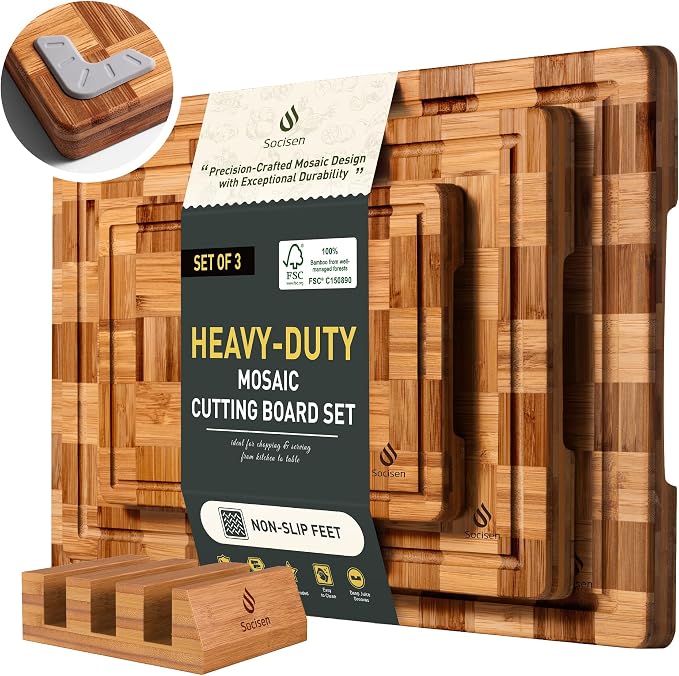 3 Pack Heavy Duty Bamboo Cutting Board Set Non Toxic Wooden Cutting Board by Socisen