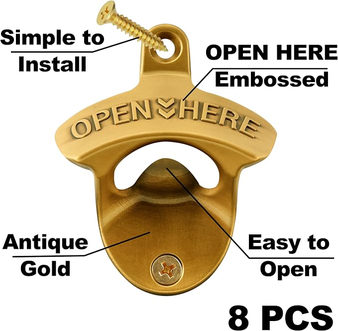 8 Packs Bulk Beer Opener Wall Mounted Vintage Gold Bottle Cap Opener - Image 2