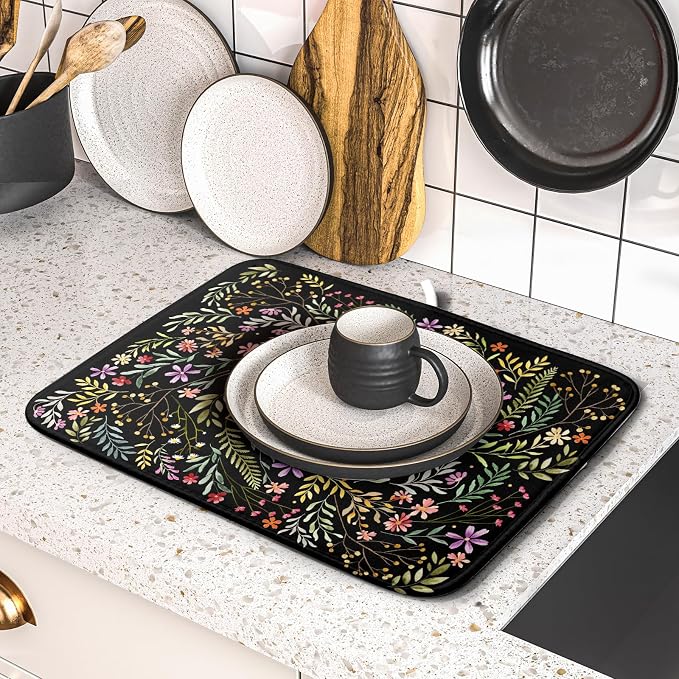 Absorbent Dish Drying Mat Colorful Flowers Microfiber Pad - Image 5