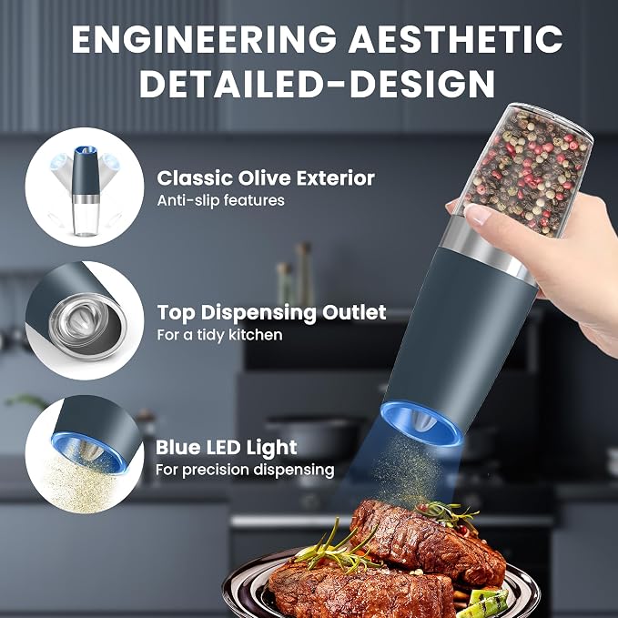 UNNEES Gravity Electric Salt and Pepper Grinder set of 2, Automatic Salt And - Image 4