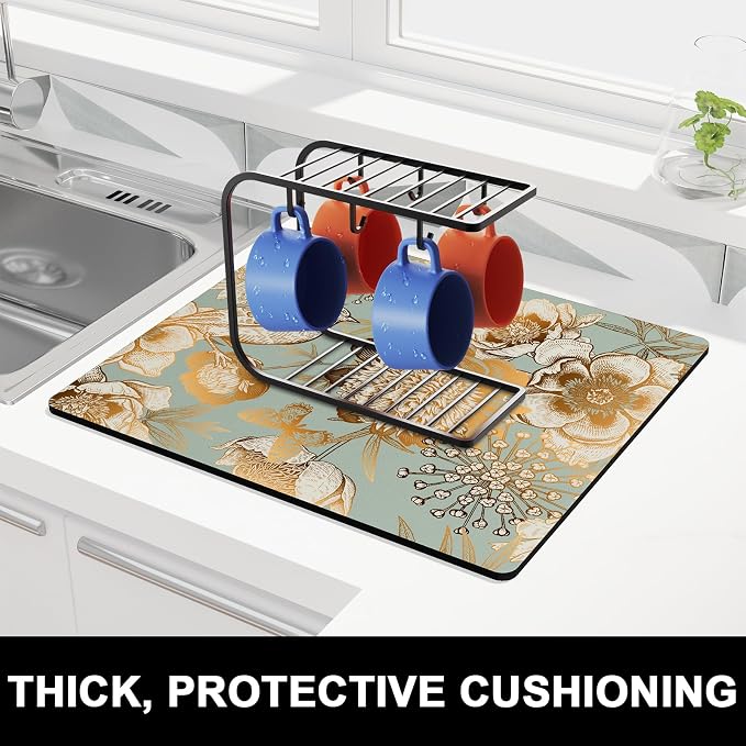 Rnivvi Dish Drying Mat for Kitchen Counter, 16 x 18" Cute Flower Theme - Image 2