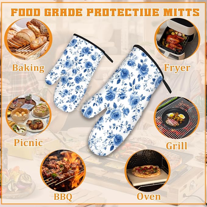 Vintage Blue Rose Oven Mitts and Pot Holders, Heat Resistant Oven Mitts Gloves - Image 5