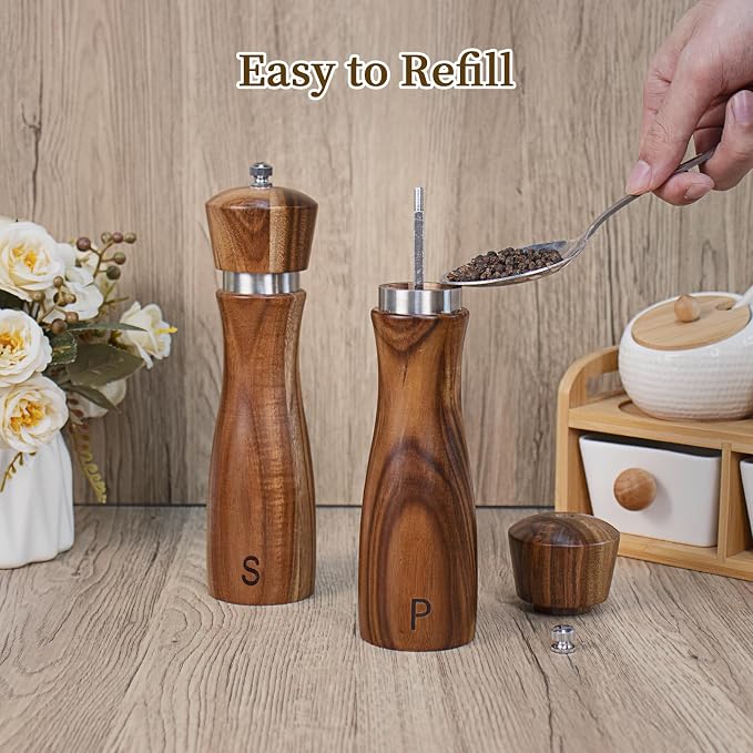 2 Pack Acacia Wood Salt and Pepper Grinder Set, Wooden Salt and Pepper Mill Set - Image 5
