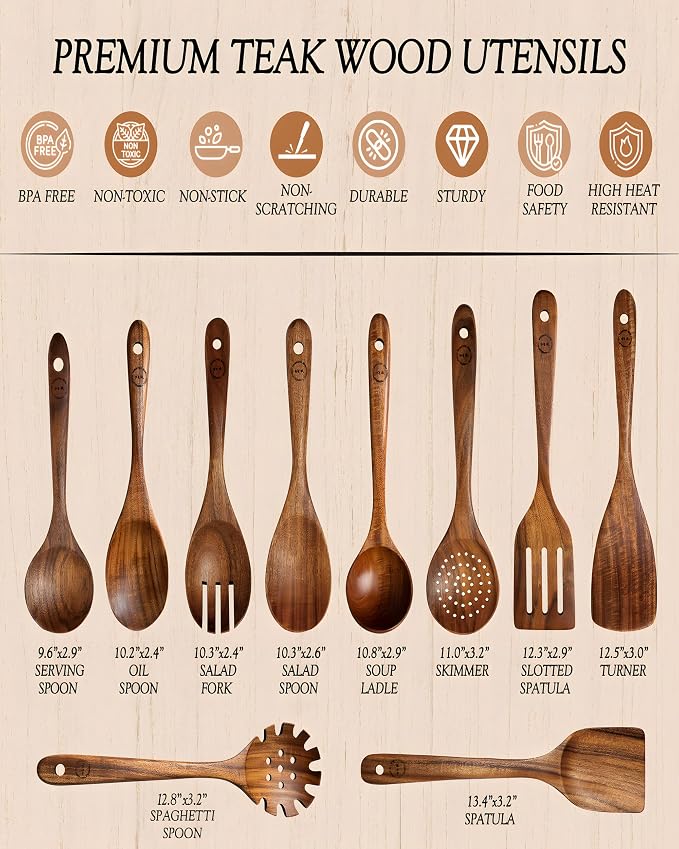 10-Piece Natural Teak Wood Utensil Set - Image 3