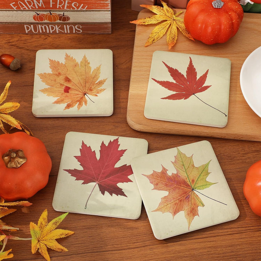 FYSUIMU 4 Pcs Fall Leaves Coasters Autumn Maple Leaf Square Ceramic