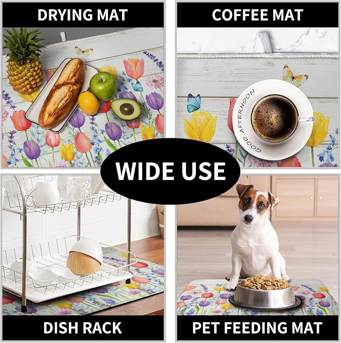 Tulip Floral Dish Drying Mat for Kitchen Counter Watercolor Spring Flower Dish - Image 7