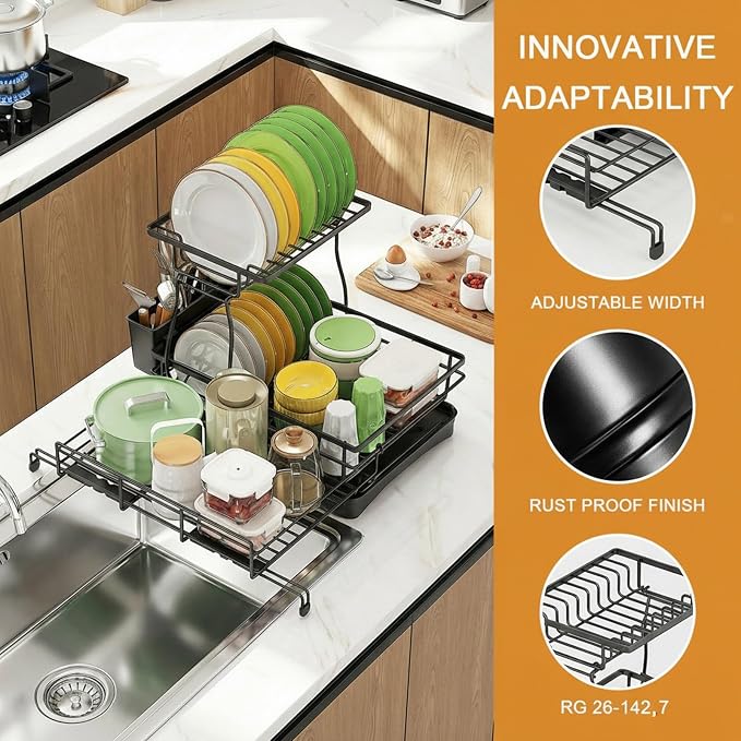 Over The Sink Large 2 Tier Dish Drying Rack Expandable, Dish Drainers - Image 7