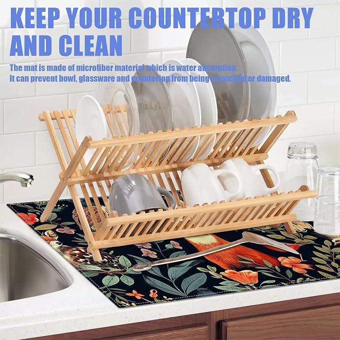 Vintage Deer Dish Drying Mat for Kitchen Counter Wild Animals Drying Pad - Image 5