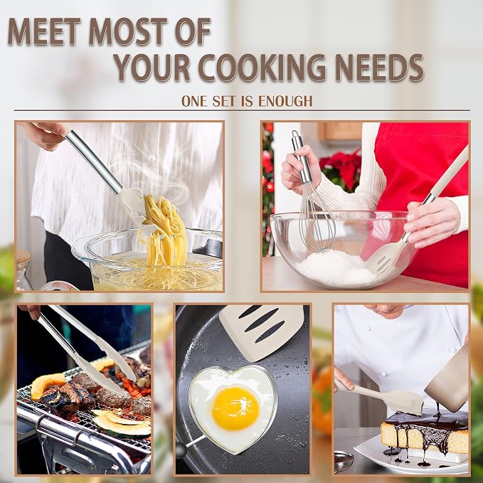 E-far Silicone Cooking Utensils Set, 14-Piece Khaki Kitchen Utensils Set - Image 3