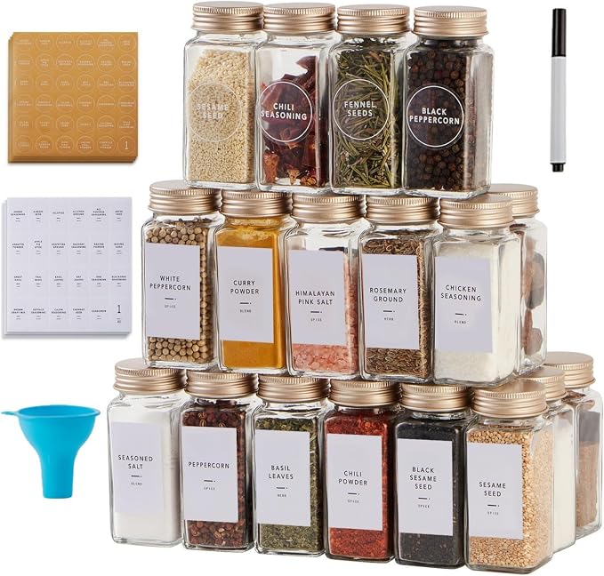 25 Pcs Spice Jars with Label- Glass Spice Jars with Gold Metal Caps, Shaker Lids by Skiileor
