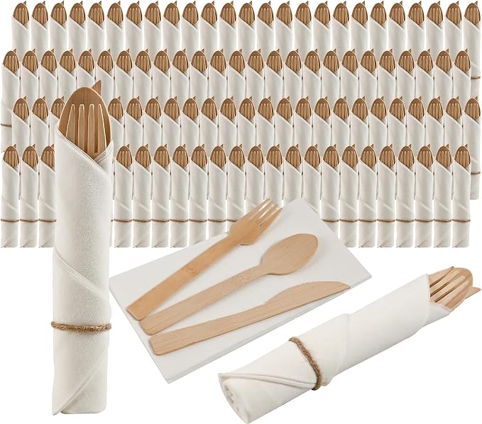 Pre Rolled Napkin and Bamboo Cutlery Set by Aowutus