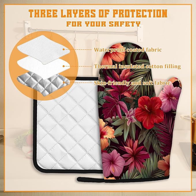 Tropical Palm Leaf Oven Mitts and Pot Holders Set, Hibiscus Kitchen Oven Gloves - Image 3
