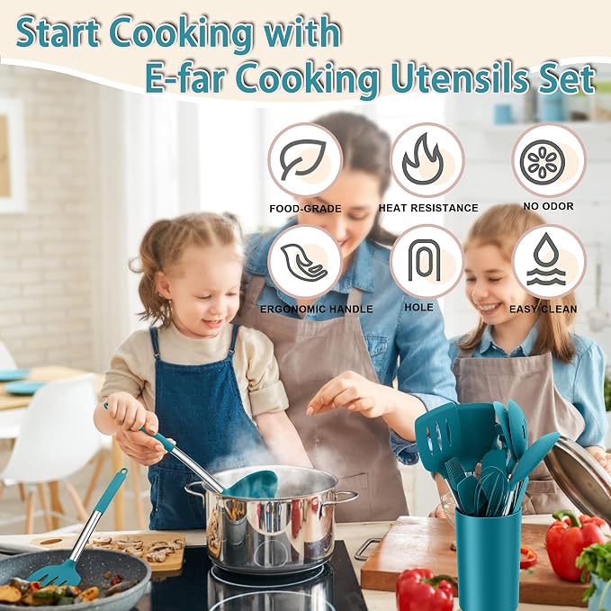 Silicone Cooking Utensils Set, E-far 14-Piece Blue Kitchen Utensils Set - Image 7