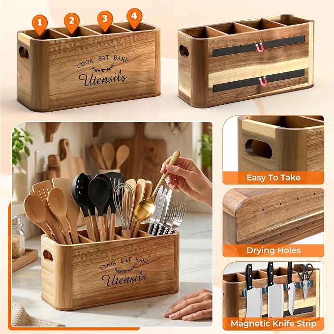 Acacia Wood Utensil Holder for Kitchen Countertop, Extra Large Wooden Utensil - Image 3