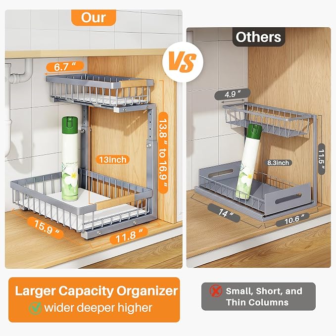 PXRACK Under Sink Organizer, Adjustable Height, 2 Tier Pull Out Under Cabinet - Image 2
