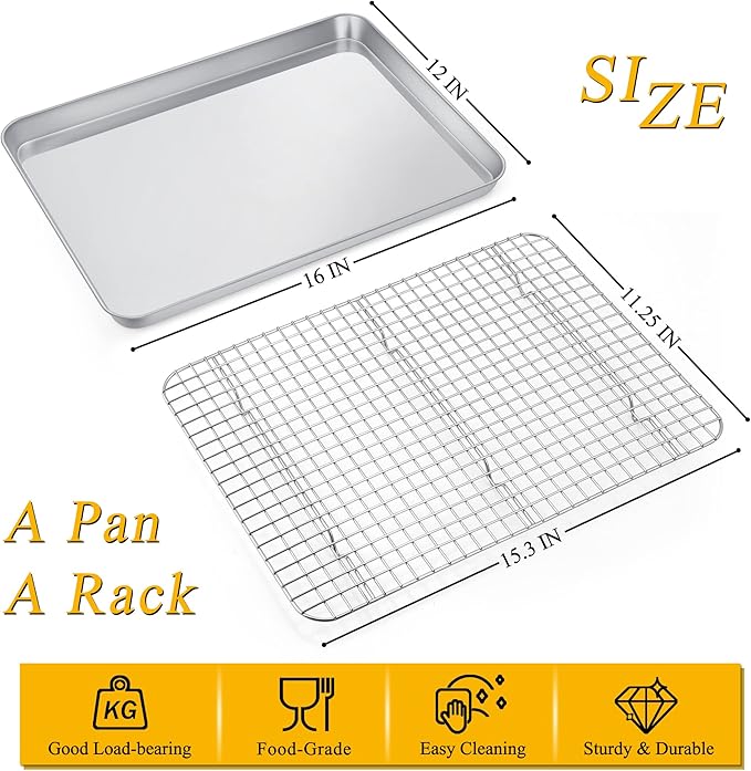 P&P CHEF 16 Inch Baking Sheet and Rack Set, Stainless Steel Cookie Sheets Oven - Image 2